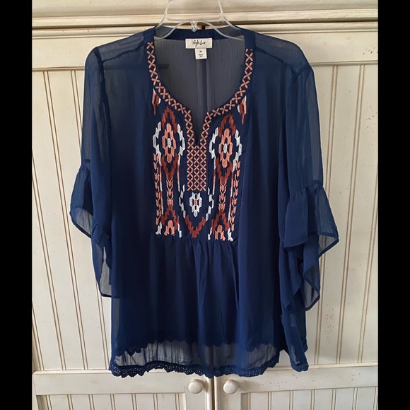 Style & Co. Boho Navy Blue Popover Top.      Medium - Picture 1 of 8